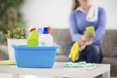 Finished carpet cleaning service with cleaned floor area and equipment nearby