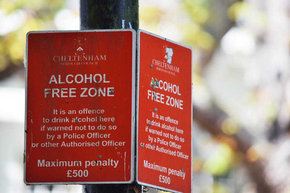 Two red metal signs attached to a black pole in an outdoor setting, indicating a designated alcohol-free zone in Cheltenham. The signs have white text that reads 'ALCOHOL FREE ZONE,' along with additional information about offences and penalties, such as a maximum penalty of £500. The background is blurred with hints of greenery and sunlight, suggesting a park or street environment. The image illustrates the signage used by Cheltenham council to enforce alcohol restrictions as part of local public safety and hygiene measures, with a focus on cleanliness and regulation awareness covered under area-specific disposal and safety rules, similar to those discussed by Carpet Cleaners SW7 in relation to Kensington and Chelsea.